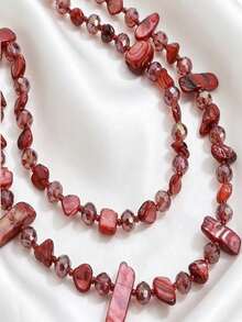 1 buah Kalung Dua Lapis Gaya Bohemian Vintage, Rantai Panjang Berlapis Manik-Manik Kerang Warna-warni untuk Liburan, Campuran Mutiara dan Berbagai Bentuk serta Nuansa Batu Permata - Merah - View 3