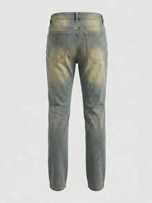 Men's Blue Stretch Slim Fit Distressed Versatile All-Season Jeans, Outdoor Comfortable Casual Workwear Tapered Leg Jeans, Y2K Style - Medium Wash - View 3