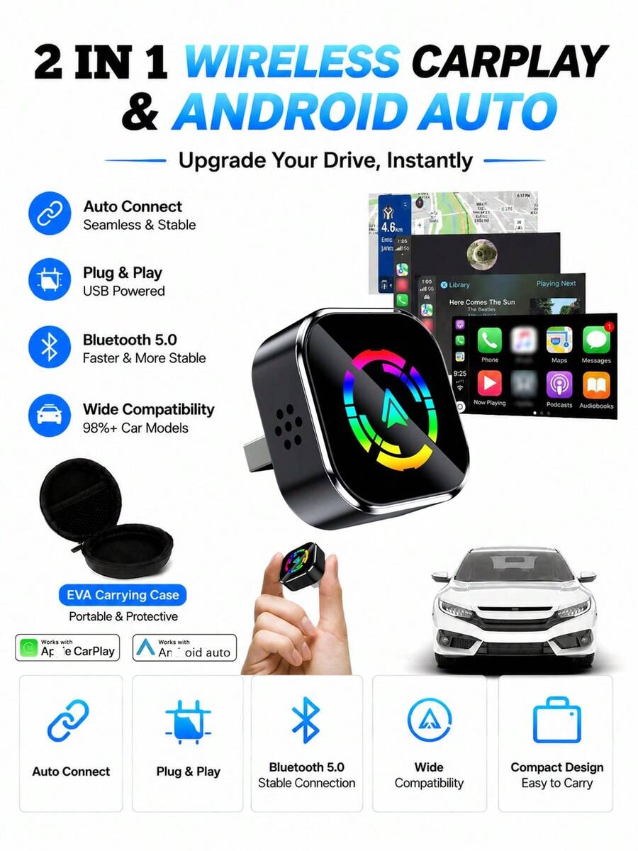 無線 CarPlay 轉接器 2026 升級版 有線轉無線 適用於 Apple CarPlay Mini USB 設計 附 Type-C 延長線 隨插即用 連線穩定 無延遲