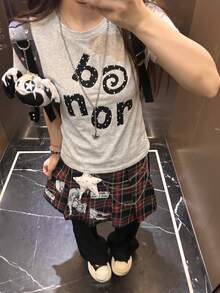 Korean Style Minimalist Bonor Polka Dot Letter Print Short Sleeve T-Shirt Women White Loose Round Neck Ins Top Japanese Salt Style Summer Slimming Versatile Casual Basic Top - Light Gray - View 6