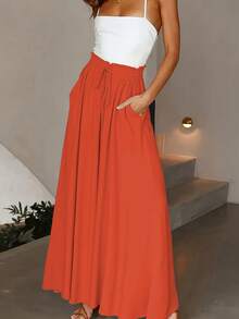 Women's Casual Solid Color Wide Leg Pocket Pants Spring - Burnt Orange - View 2