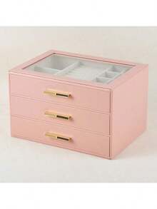Luxury 3-Drawer Velvet Lined Jewelry Organizer Box With Transparent Glass Lid, Earring Necklace Ring Display Storage Box, Suitable For Gold Jewelry And Accessories - Multicolor - View 11