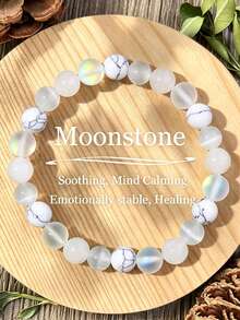 YAUKIA 8mm Moonstone & Selenite & White Jade Gemstone Bracelet, Natural Healing Crystal Bracelets, Soothing, Calming, Mind Clarity, Wisdom,Spiritual Healing - Multicolor - View 8