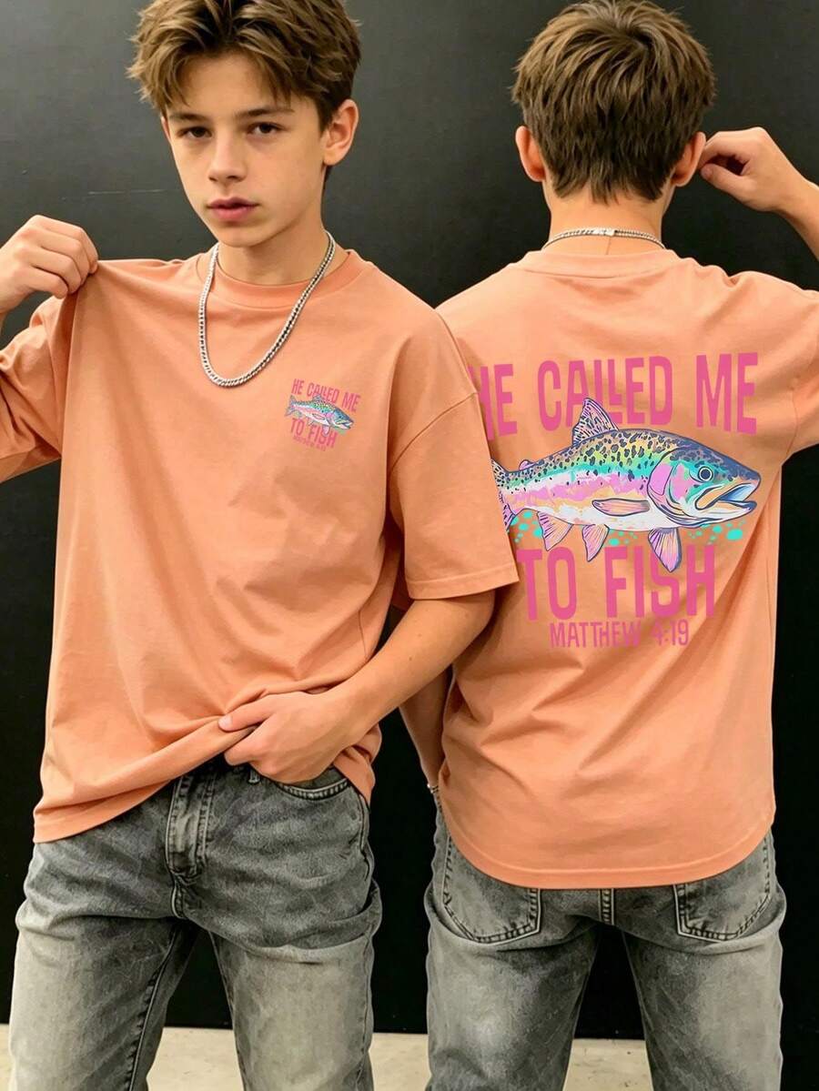 青少年男孩印花套頭短袖T恤 學生童裝 夏季上衣 男童 Ready To Play - 橘色 - 查看 1