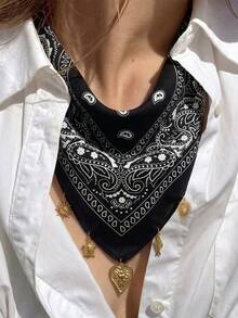 1pc Women's Fashion Western Pattern Cowboy Style Scarf - Versatile Scarf/Bandana With Heart, Fish, Turtle, Sun Pendants, Made Of Polyester, Suitable For Daily Fashionable Outfits - Black - View 3