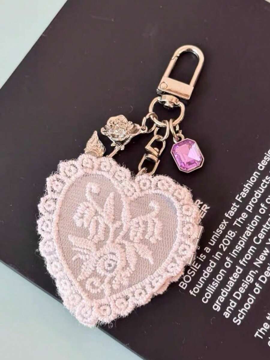 1pc Coquette Ballet Style Lace Bow Heart Pocket Mirror Keychain Cute Ribbon Flower Bag Charm Car Key Ring Girls Gift - Multicolor - View 1