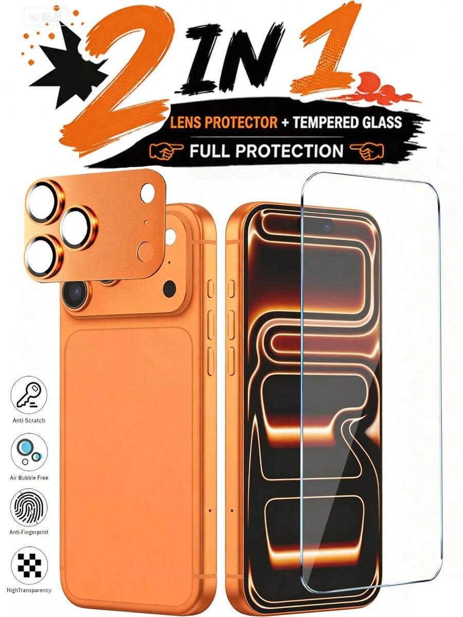 Juego de 2 piezas de película protectora de lente de cámara de vidrio templado transparente y naranja, alta definición, resistente a arañazos, resistente a golpes, con revestimiento oleofóbico y tacto suave, cobertura completa de pantalla y lente, compatible con iPhone 18 Pro Max/18 Pro/18/17 Pro/17 Pro Max, accesorios premium para teléfono