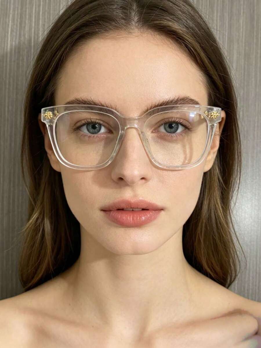 1 Pair Vintage Glasses, Lightweight Transparent Lens Fashion Decorative Glasses, Suitable For Daily Wear - Transparent Gold - View 1