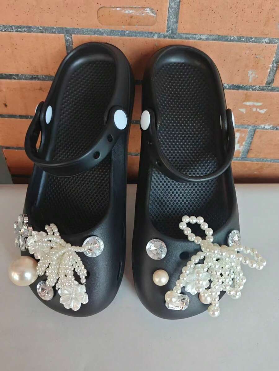 Women's Thick Sole Butterfly Pearl Flower Decor Korean Style Summer Mary Jane Ballet Flats Versatile (Different Batches May Have Different Sole Patterns, This Size Runs Small By One Size)