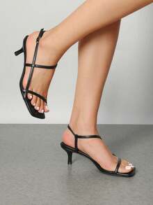 Women Kitten Low Heel Sandals Square Open Toe Ankle Strap Party Wedding Dressy Heeled Sandals - màu đen - Xem 3