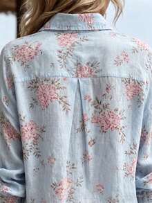 YI XUAN Women's Printed Button-Down Shirt, Loose Long Sleeve Collared Top, Casual Bohemian Style Vacation Blouse, Coarse Linen Fabric - Baby Blue - View 7