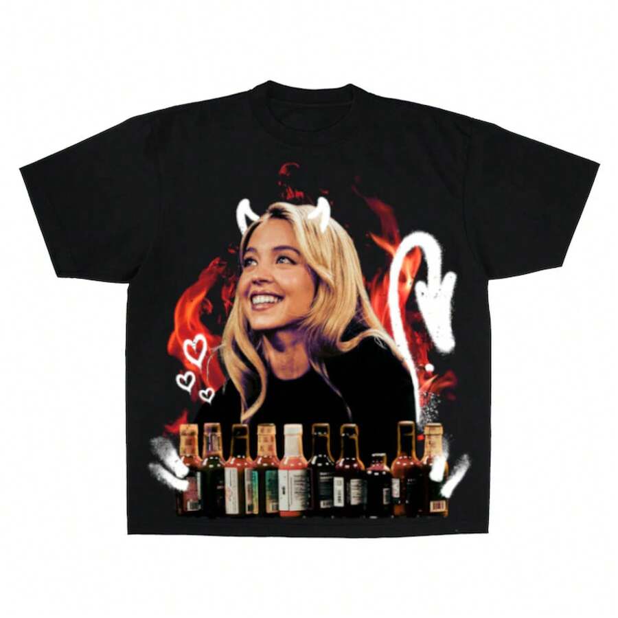Sydney Sweeney Hot Ones T Shirt,100%Pure Cotton T Shirt,Y2K Pattern T Shirt Black - Estilo Rauw Alejandro / Street Style / Popular / Going Out At Night - 黑色 - 查看 1