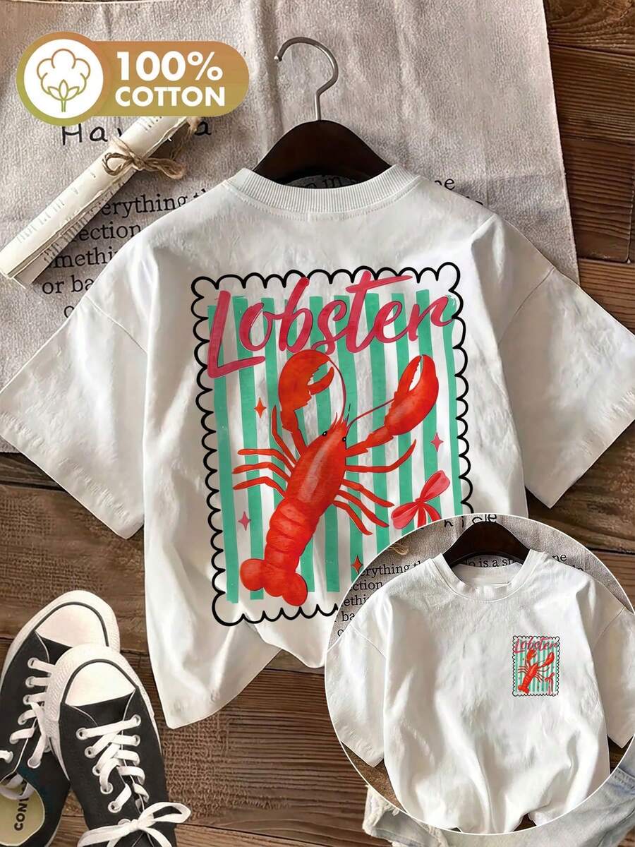 Haut d'été 2026 en coton à col rond, haut printemps/été pour femme avec imprimé recto verso, style frais, imprimé rayures homard, tendance, polyvalent, décontracté, homme - Blanc - Voir 1