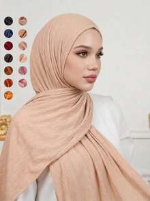1pc Premium Knitted Ribbed Hijab Scarf For Women, Striped & Solid Color Headwear, Soft Breathable Shawl For Daily Dress - Plain-colored, Smooth-surfaced, Threaded Long Towel - View 2