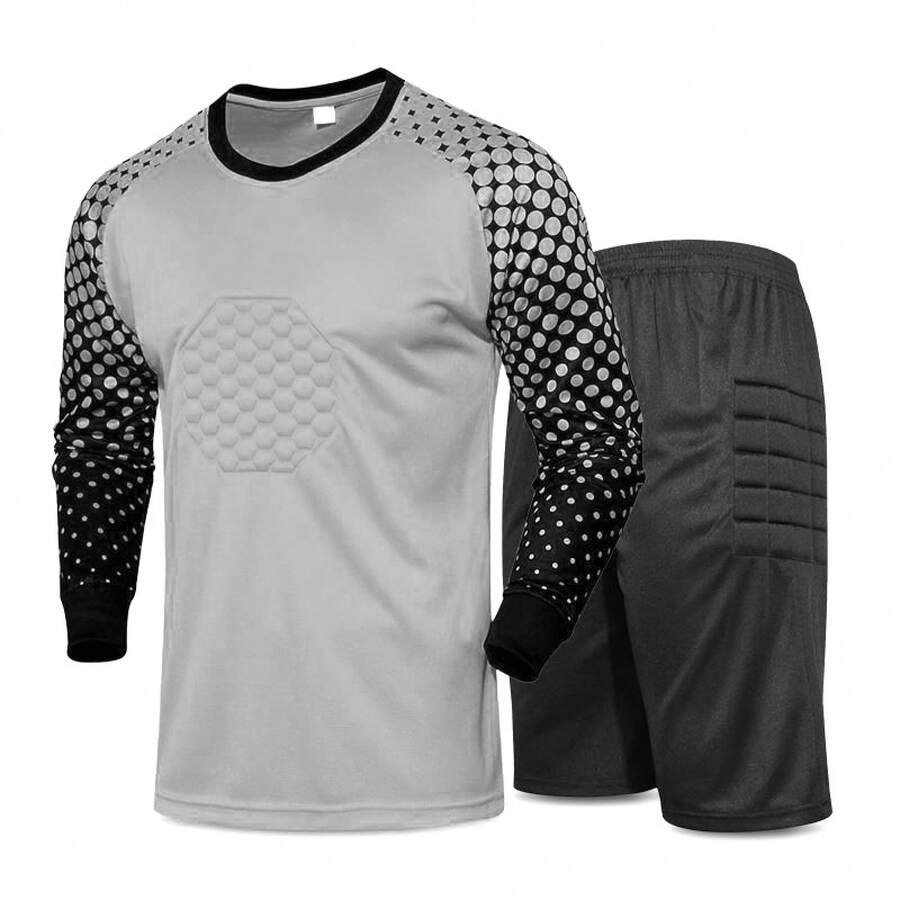 Uniforme de gardien de but anti-impact pour la poitrine et les genoux, convient aux adultes et aux enfants, manches longues + short avec rembourrage en éponge, maillot d'entraînement. - Haut gris + short noir - Voir 1
