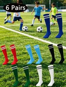 1/3/6 Pairs Two White Stripes Decor Solid Color Anti-Slip Knee High Soccer Socks Football Training Sports Outdoor Spring Summer Autumn - Multicolor - View 1