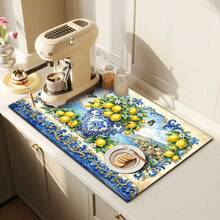 1pc Dish Drying Mat, Coffee Machine Mat, Polyester Fiber Absorbent Mat, Mediterranean Seaside Town, Blue & White Porcelain Vase, Lemon Floral & Butterfly Pattern, Durable, Highly Absorbent, Suitable For Dining Table, Cafe, Multi-Purpose Drainage Mat, Home Gift, Tabletop Decor - XYLSD-547 - View 4