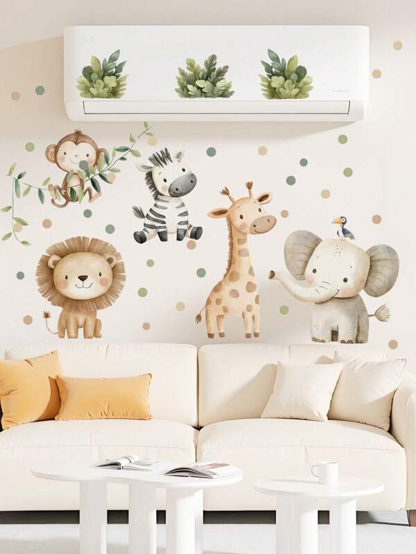 Wandaufkleber Wandtattoo Abzieh- und Aufklebe Safari-Tieraufkleber, abnehmbare selbstklebende Aquarell Dschungel Zoo Giraffe Zebra Elefant Löwe Affe Wandtattoos für Kinderzimmer Babyzimmer Schlafzimmer Spielzimmer Dekoration, süße Cartoon Tier Wandkunst DIY