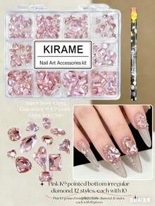 KIRAME 120顆粉色尖頭水鑽，K9玻璃多形狀鑽石混色 6-14mm 美甲裝飾套組，含點繪工具，DIY沙龍美甲，適用聖誕、夏季、假期美甲，美甲配件、美甲鏈條美甲飾品 - 粉色 - 查看 3