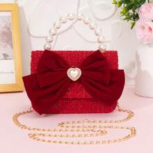 Red Tweed Bow Heart Rhinestone Mini Handbag, Faux Pearl Top Handle Chain Crossbody Bag, Wedding Evening Clutch Purse For - Red - View 2