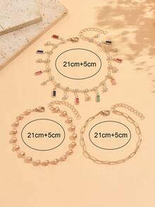 3pcs/Set Gelang Kaki Gaya Mewah Serbaguna Musim Panas, Set Multi-Piece Fashion dengan Hiasan Rantai Hati Rumbai Berlian Imitasi Warna-warni, Perhiasan Kaki Wanita Emas, Cocok untuk Pemakaian Sehari-hari, Liburan Pantai, Kencan, Pesta, Festival Musik - MultiWarna - View 4