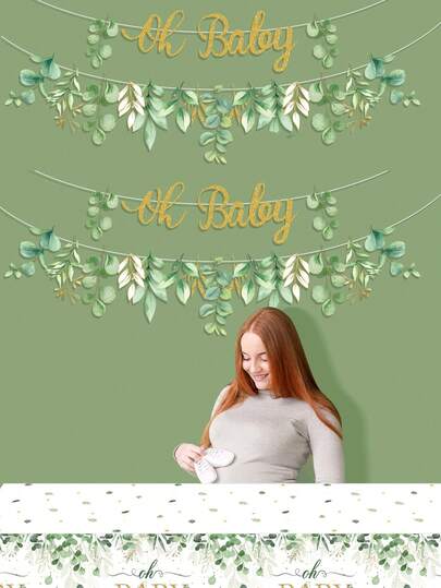 1組「Oh, Baby」綠葉紙製橫幅，嬰兒派對吊飾，適用於1歲生日派對、森林主題派對裝飾橫幅、牆面裝飾、嬰兒派對裝飾、嬰兒1歲生日派對、生日派對、派對裝飾橫幅