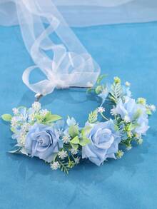 KOVLYNE 1pc Handmade Light Blue Rose Headpiece - Fresh Green Princess Party Flower Crown With Transparent Ribbon, Suitable For Bridal Wedding, Fairy Photography And Summer Occasions - Baby Blue - View 3