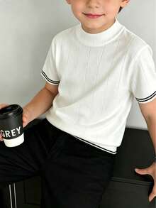 Boys' Half-High Neck Textured Ribbed Knit Black Striped Cuff Casual Knit T-Shirt - White - View 1