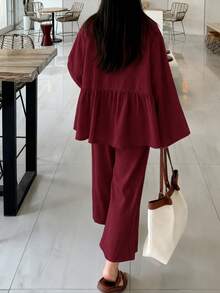女款休閒寬鬆兩件套 V領長袖上衣與寬腿褲時尚套裝 春夏秋季服飾 - 酒紅色 - 查看 3