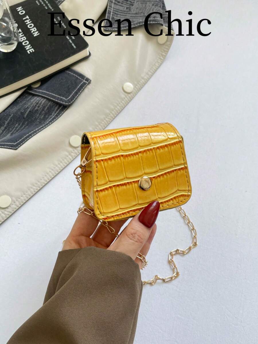1 pieza Monedero Bandolera Cuadrado Mini de PU unicolor con Decoración de Remaches Metálicos y Relieve de Cocodrilo Retro Amarillo Verano Nuevo para Mujeres - Amarillo - Ver 1