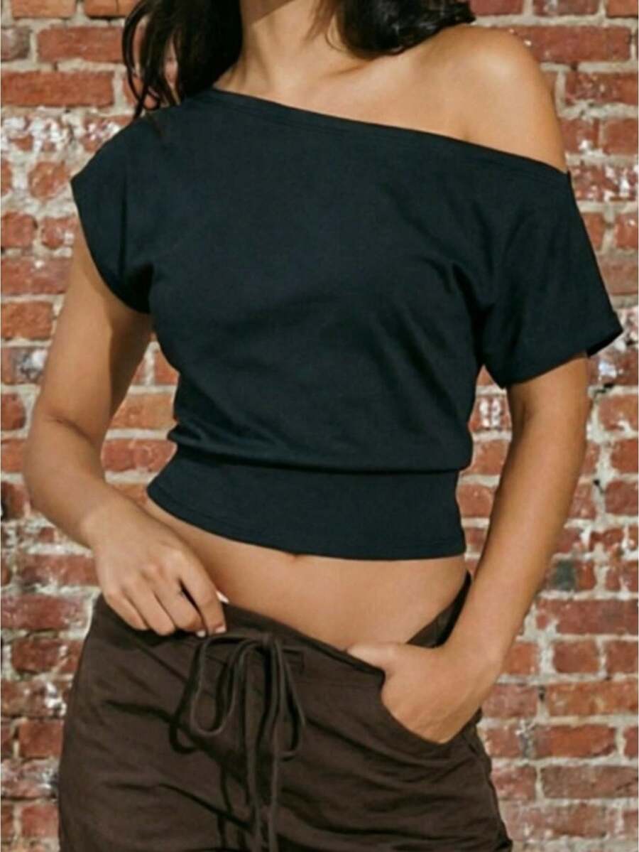 Women Off Shoulder T-Shirts Solid Color Short Sleeve Cinched Waist Cropped Going Out Tops For Summer - Black - View 1