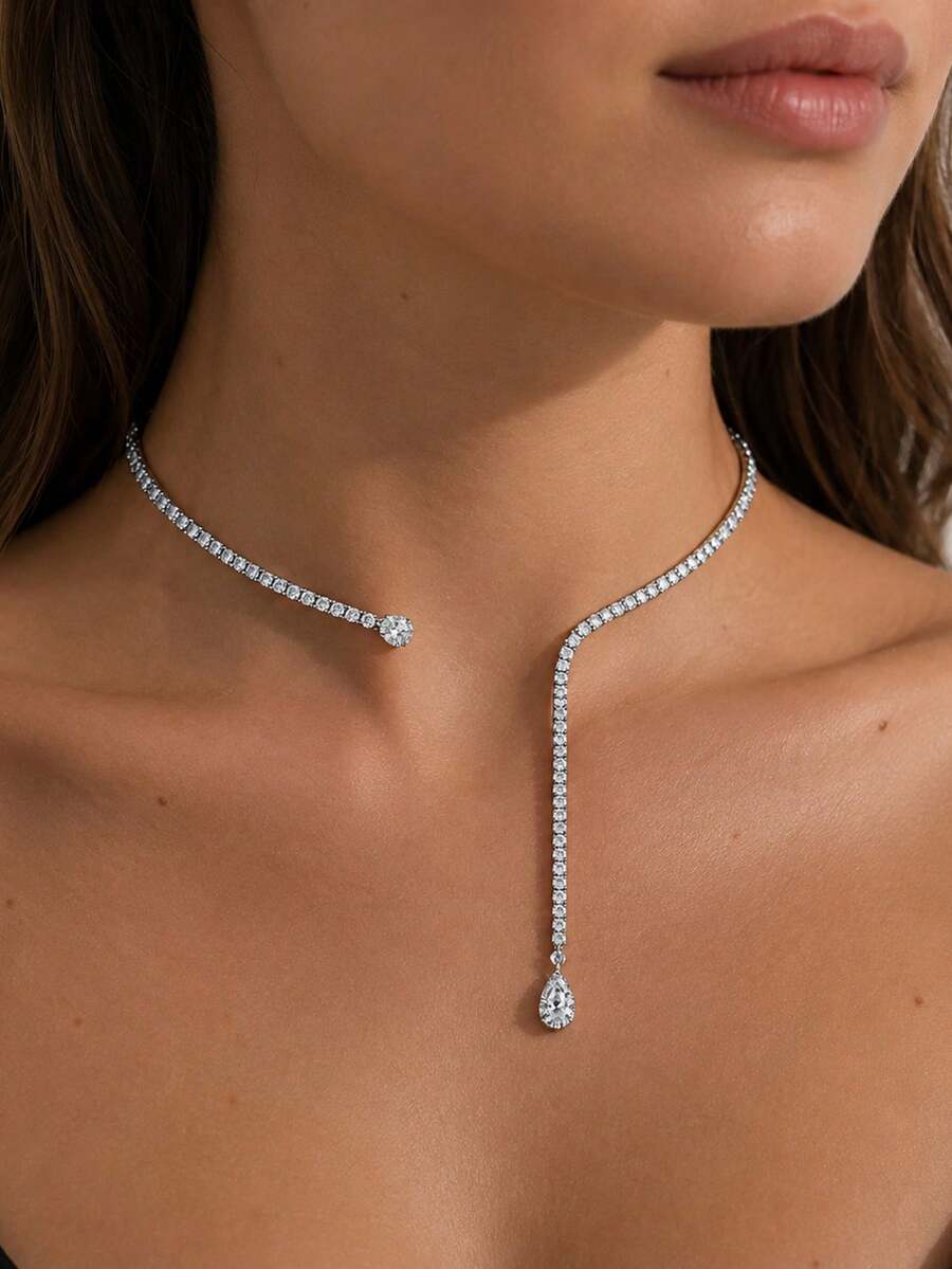 outingfit 1pc Rhinestone Openwork Tassel Choker Necklace For Women, Daily Fashion Evening Party Water Drop Clavicle Chain Minimalist Accessory - Silver - View 1