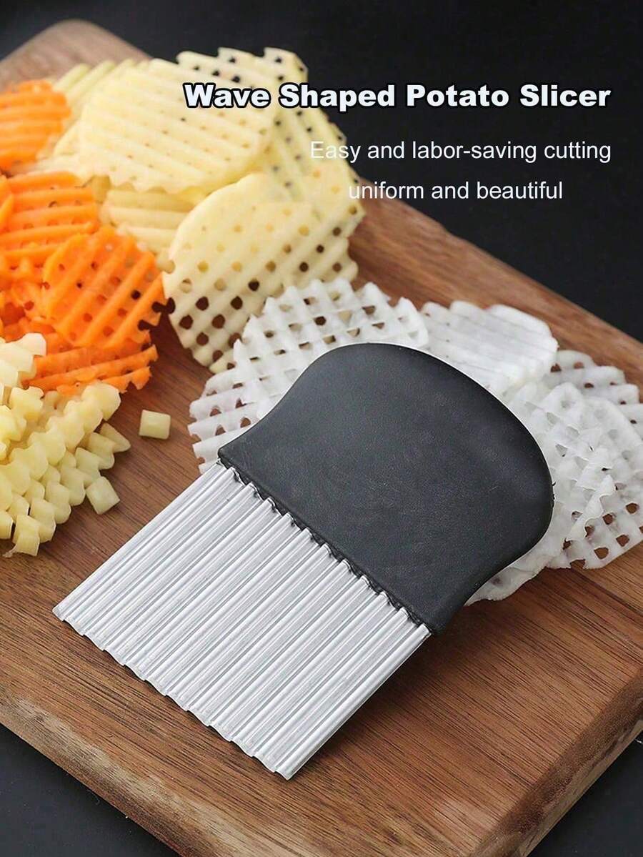 波浪形馬鈴薯切片器：多功能適用於新鮮水果、蔬菜、沙拉、胡蘿蔔、馬鈴薯、薯條 - 耐用不鏽鋼刀片 - 適合家庭廚房[塑膠產品，運輸過程中可能有缺陷]廚房蔬菜切片器馬鈴薯切刀[不同生產批次，款式各異，不影響使用] - 黑色 - 查看 1