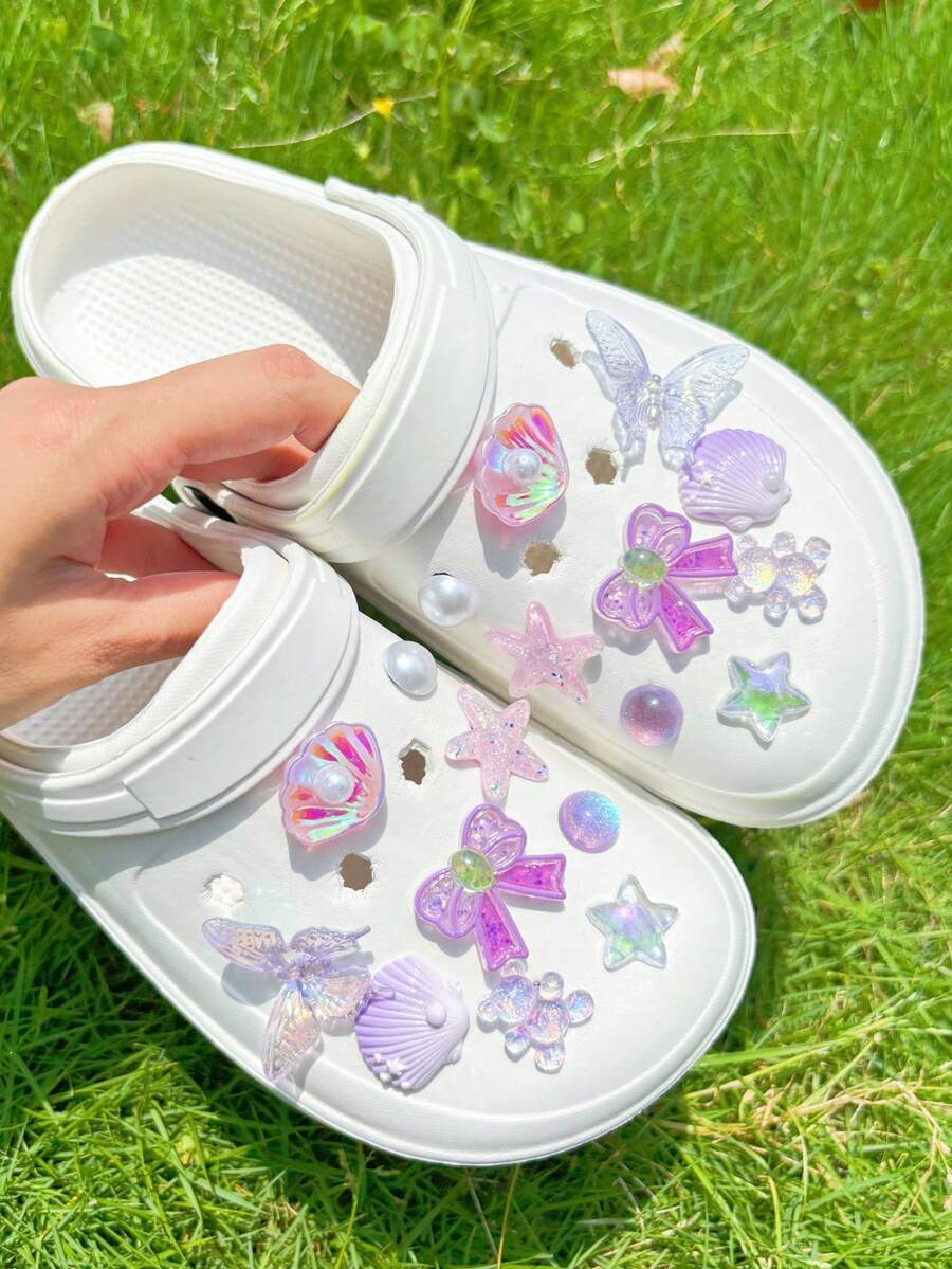 18 piezas de accesorios de concha de estrella de mar morada, lazo morado DIY para decoración de zapatos, adecuado para sandalias perforadas, elegante & de moda, regalo para la novia - Morado - Ver 1