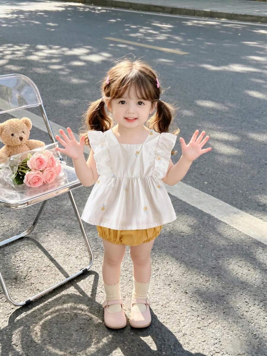 Baby Girls Floral Cap Sleeve Top And Solid Color Shorts 2-Piece Set, Summer - Yellow - View 1