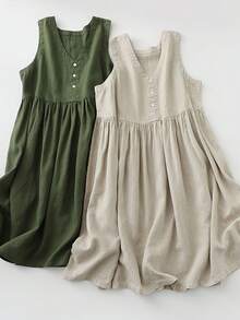 Women's Sleeveless Mid Length Dress, V-Neck Button Detail Pleated Waist, Loose A-Line Casual Skirt, Lightweight And Breathable Summer Dress - 杏色 - 查看 2
