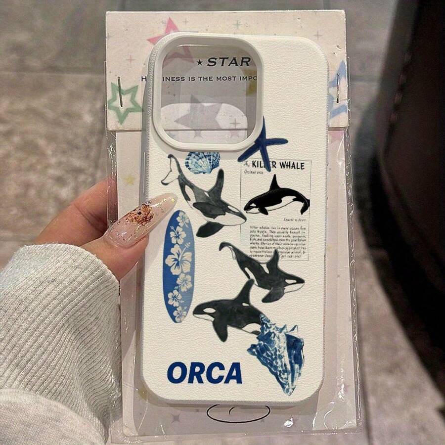 Funda para Teléfono: Funda con diseño de orca, concha y tabla de surf, adecuada para iPhone 16 Pro Max/14/16 Plus/15/13 Pro/12/11, cubierta protectora a prueba de caídas, diseño elegante. - Blanco antiguo - Ver 1