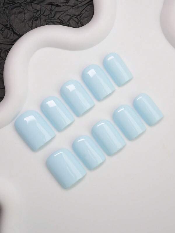 10pcs Square Shaped Handmade Nail Art Decorations, Y2K Style, Sky Blue Solid Color Nail Stickers, Handcrafted Nail Decals Suitable For Women And Girls, Glitter Nail Pieces, Fit For Party, Dance, Daily Wear, Includes Tool Kit, Can Be Gift For Ladies And Girls