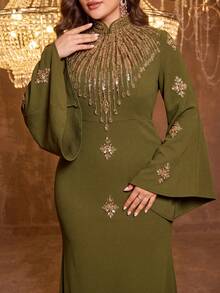 UNITHORSE Women's Stand Collar Long Sleeve Fitted Linen Evening Dress Wedding Party Fall - Olive Green - View 3