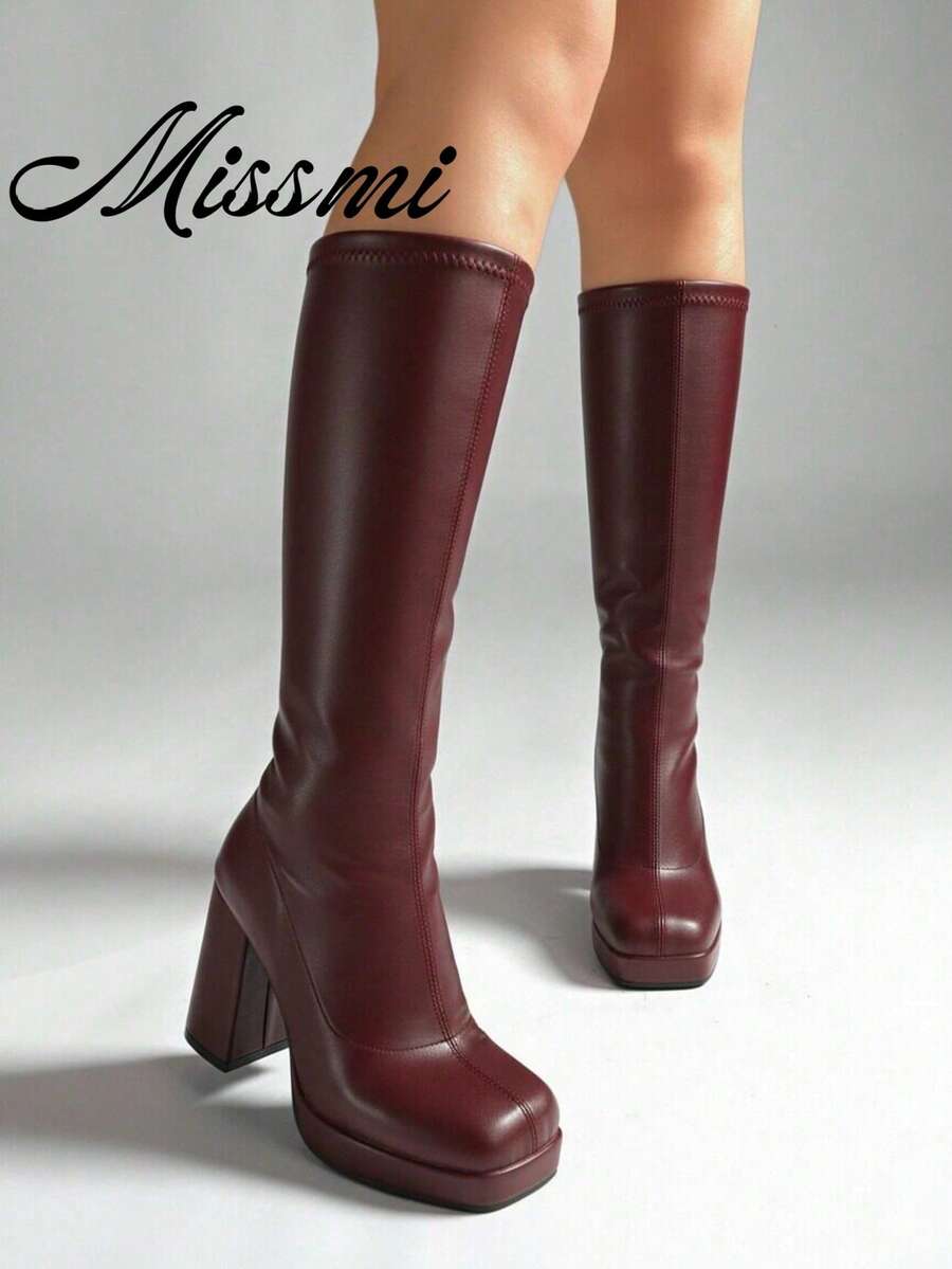Plus Size Chunky Heel Riding Boots, New 2025 Autumn/Winter Women's High Heel Pointed Toe Side Zipper Boots,Burgundy Heels