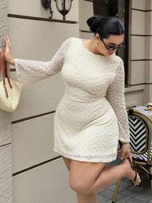 Dripcurv Vestido de mujer talla grande con cuello redondo, parches de encaje, moda diaria, salida, mangas acampanadas - Blanco - Ver 2