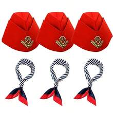 6, 2 Pieces European Air Hostess Pilot Matching Accessories Wheat Emblem Cap Contrast Red-Blue Striped Neck Bandana - Multicolor - View 5