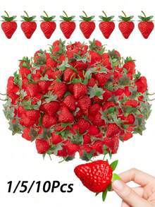 1/5/10pcs Artificial Red Strawberries, Realistic Plastic Fake Fruit, Suitable For Home Kitchen Party Decoration, Photography Props, Red Plastic Fruit Decor, All-Season Summer Decoration, Suitable For All Room Types, Holiday Fake Strawberry Gift, Birthday Graduation Gift, Artificial Plant - Red - View 1