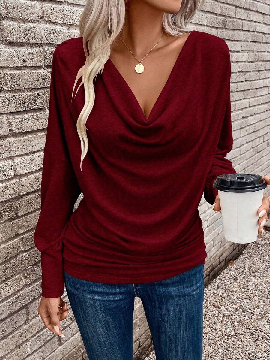 Ruched Draped Neckline T-Shirt - Burgundy - View 1