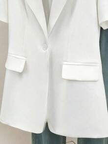 Blazer à manches courtes unicolore pour femmes, veste à col avec boutons et poches, style business décontracté pour le bureau, les trajets, la maison, le quotidien, printemps, été, automne - chemise blanche à manches courtes - Voir 7
