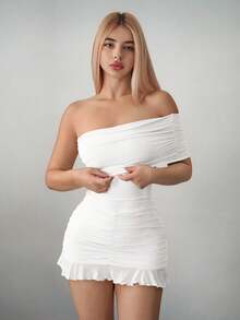 Asymmetrical Fitted Mini Dress With Off-The-Shoulder Mesh - Blue - View 1