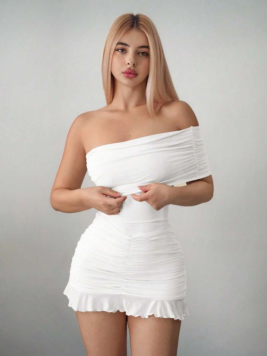 Asymmetrical Fitted Mini Dress With Off-The-Shoulder Mesh - Blue - View 1