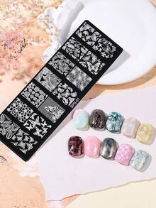 1片花卉蝴蝶美甲印花板，不鏽鋼美甲模板，包含玫瑰葉銀杏蕾絲圖案，自然植物圖案板，適用於DIY美甲印花指甲油美甲沙龍用品，美甲用品 - 銀色 - 查看 7