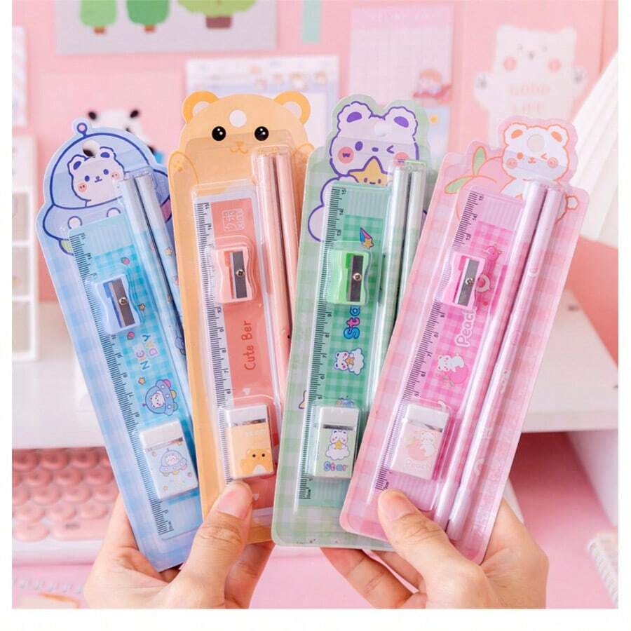 Random 1/4/8/12pcs Cartoon Stationery Set, Pencil, Pencil Sharpener, Eraser, Ruler, Original New 5pcs Set, Suitable For Scroll/Gift/Present/Prize/Back To School Season/Classroom Prize, Gift Filler Bag, Back To School Season Gift - Multicolor - View 1