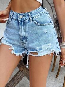Shorts vaqueros casuales con estilo Y2K Millennium, rotos y desgastados, con diseño sexy para mujeres jóvenes, apropiados para festivales de música, - Gris - Ver 6